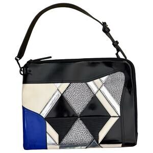 3.1 Phillip Lim Geometric Blue Cream Black Silver Patent Leather Clutch Bag